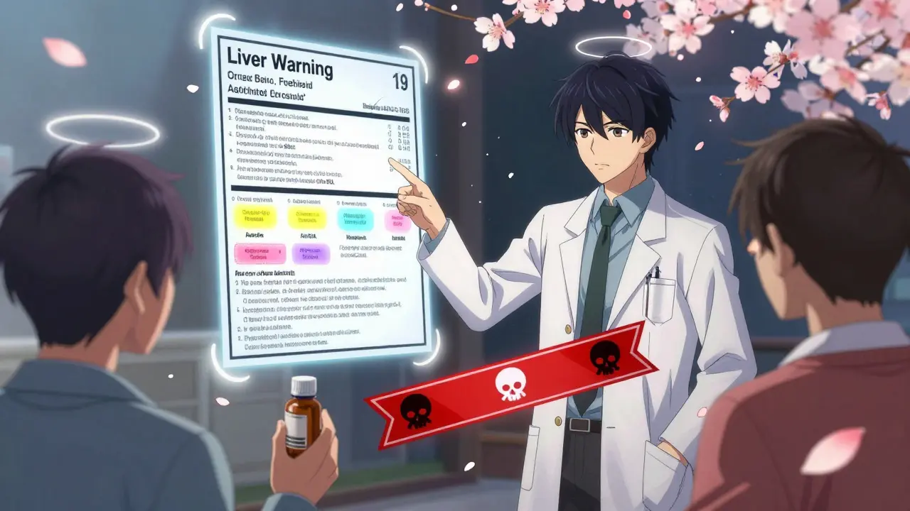 A pharmacist explains drug interactions using a glowing animated Drug Facts label.