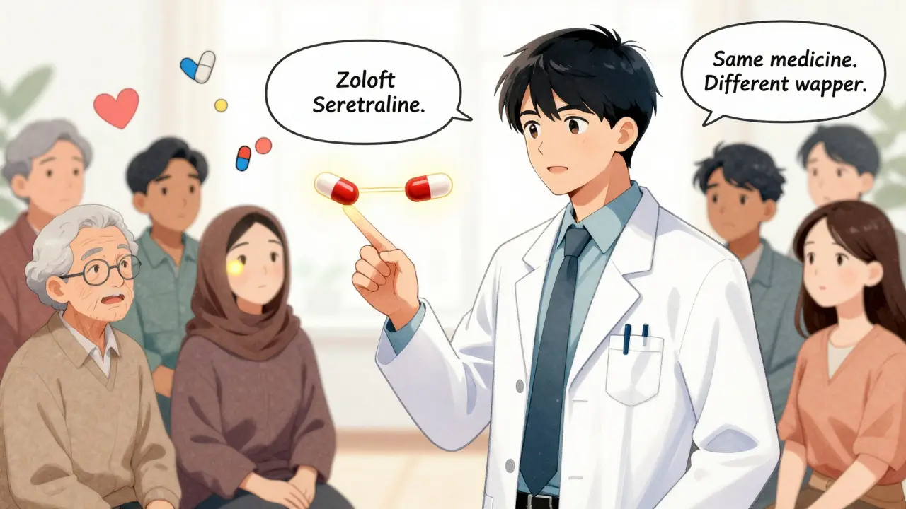 A pharmacist shows a side-by-side comparison of brand and generic pills to diverse patients, with a glowing connection between them.