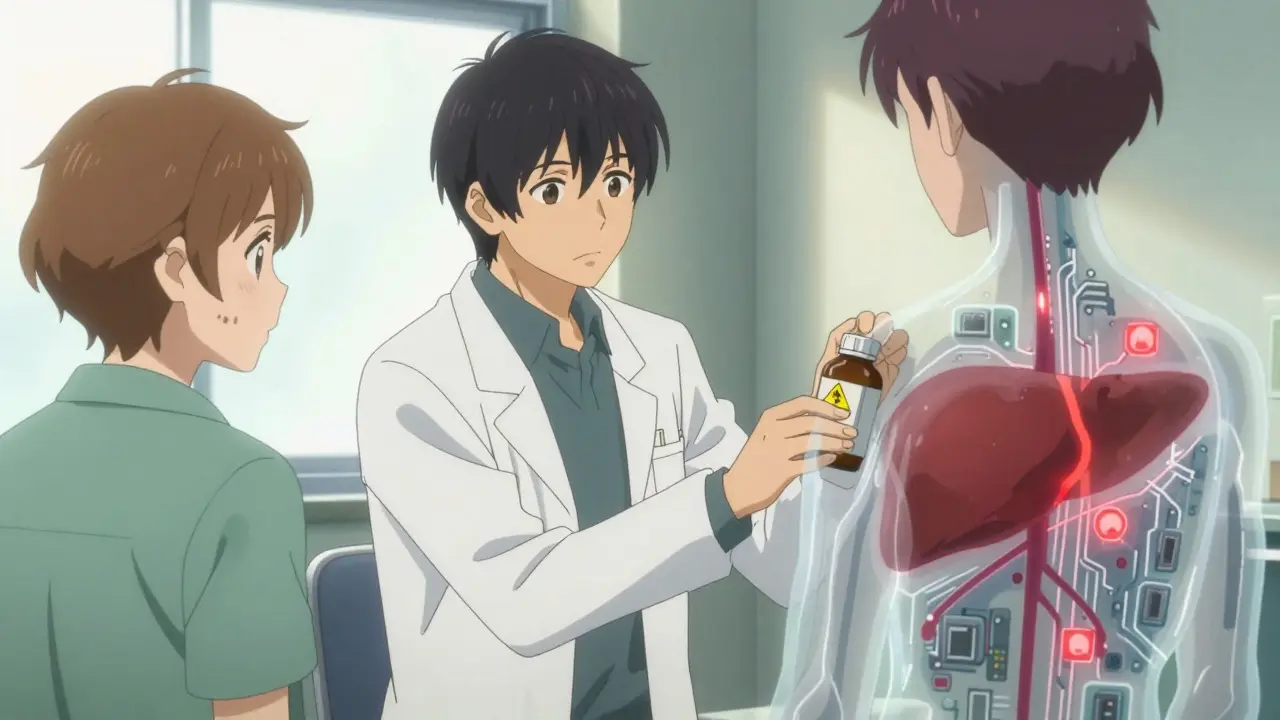 A pharmacist warns a patient as liver enzymes shut down inside their body, shown through transparent skin and glowing warnings.