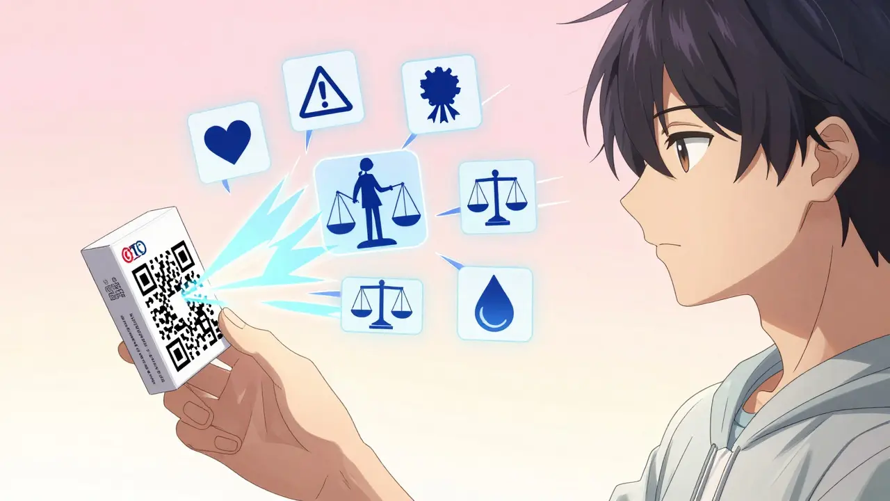 A QR code transforms into animated symbols breaking down medicine label sections.