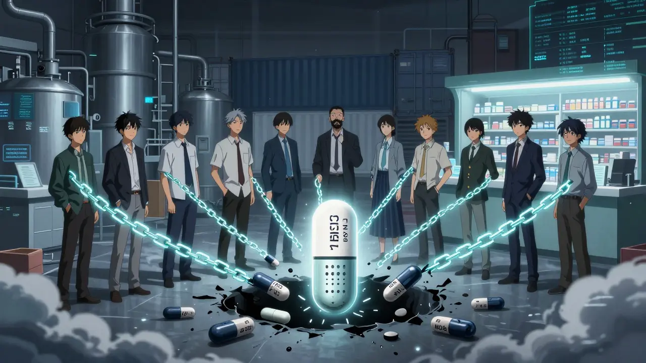 A supply chain of drugs collapses as counterfeit pills vanish, while one verified pill glows with safety.