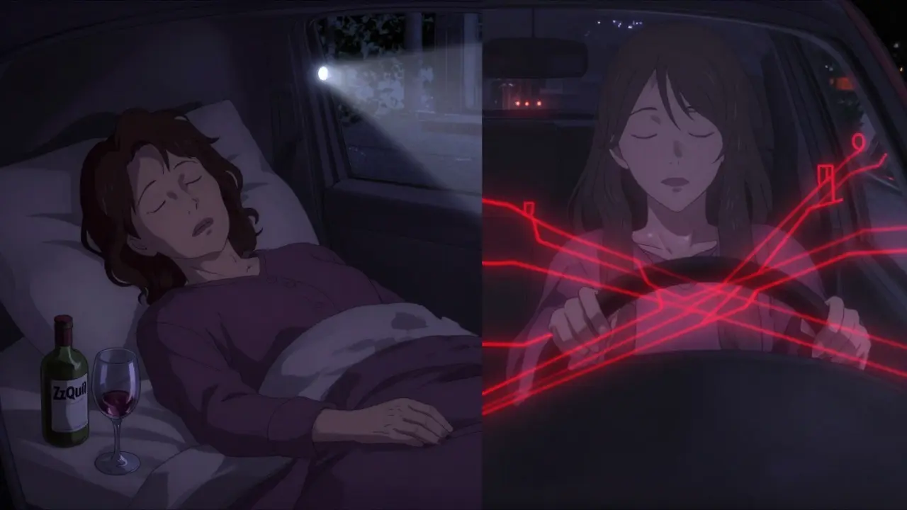 A woman sleeps peacefully while her ghostly self drives at night, warning lines crossing her body.