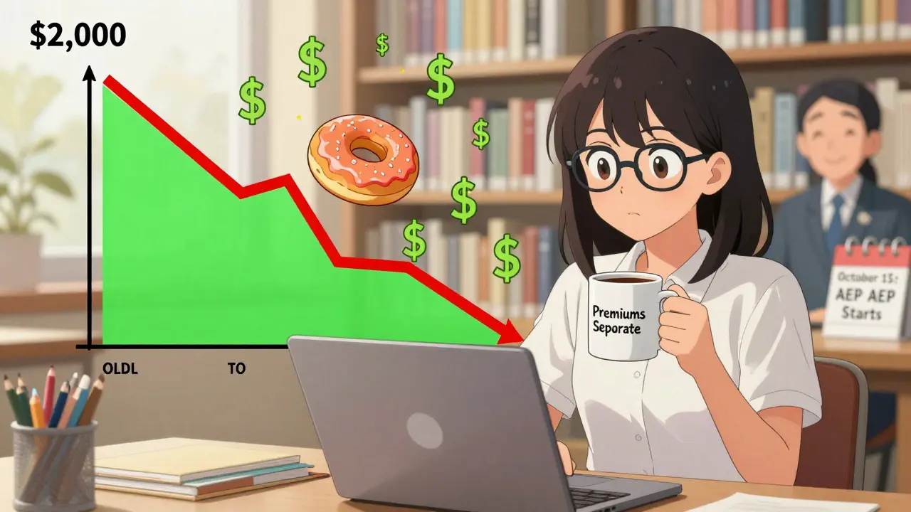 A woman stares at a laptop as a collapsing donut hole chart transforms into a ,000 cap with dollar signs falling gently.
