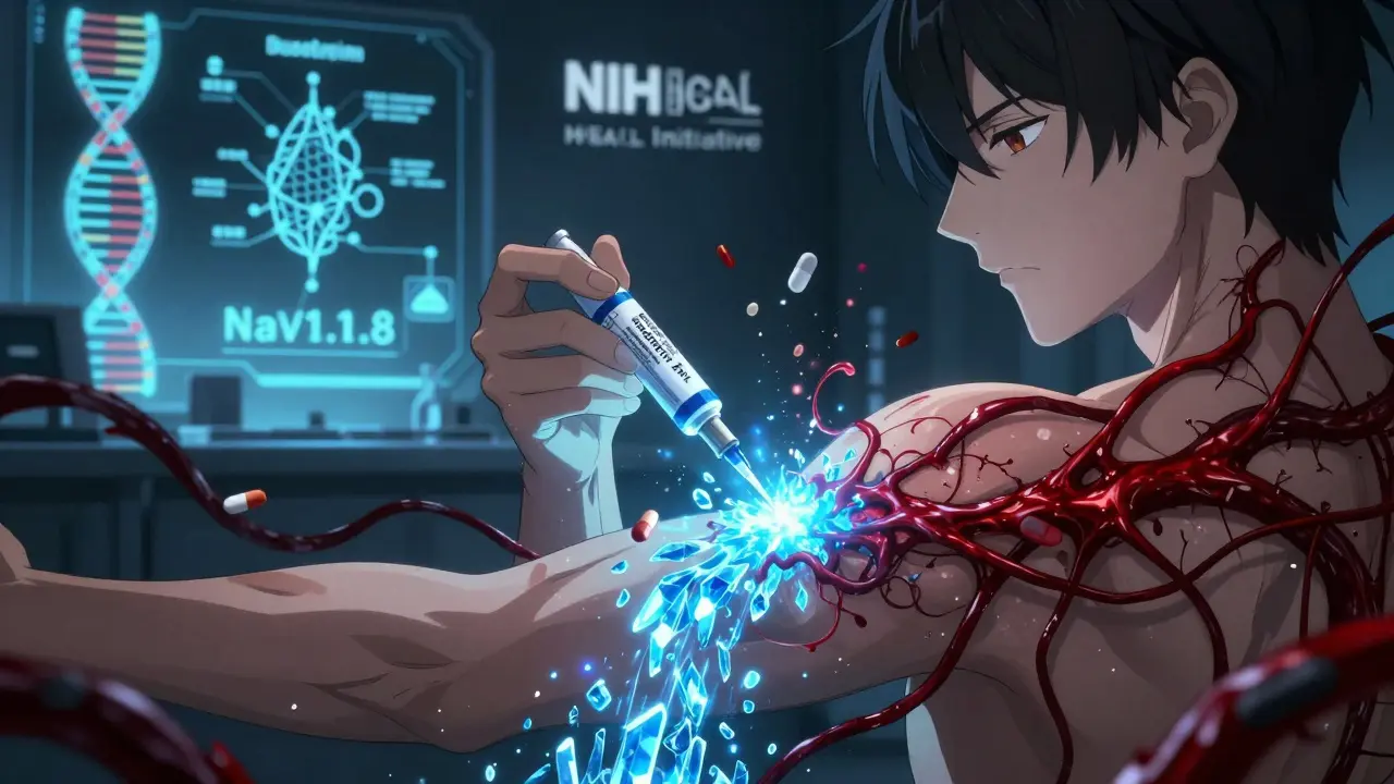 A young man’s arm glowing with blue light as pain tendrils dissolve, opioid pills turning to ash in the background.