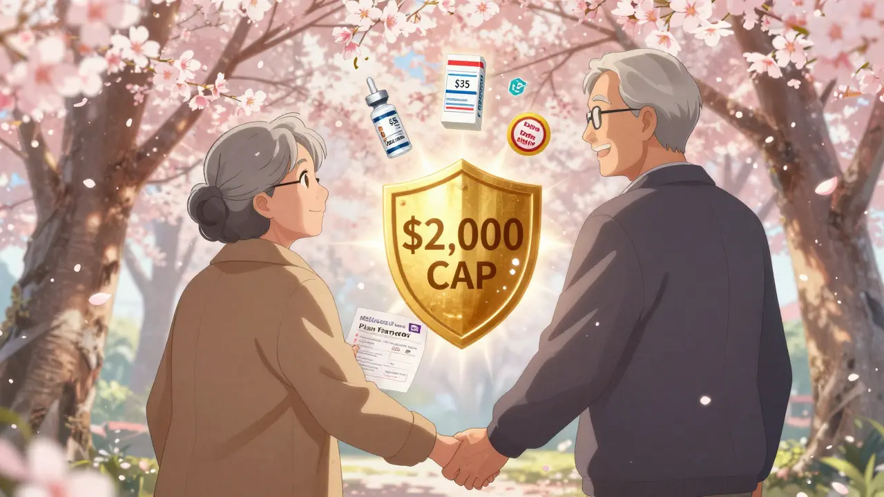 An elderly couple holds hands under cherry blossoms, their shadows forming a shield labeled ',000 CAP' with insulin and Medicare icons above.