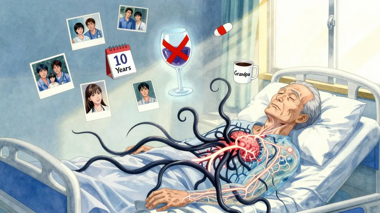 An elderly man lies unconscious as alcohol and sedatives choke his brain, memories floating nearby.