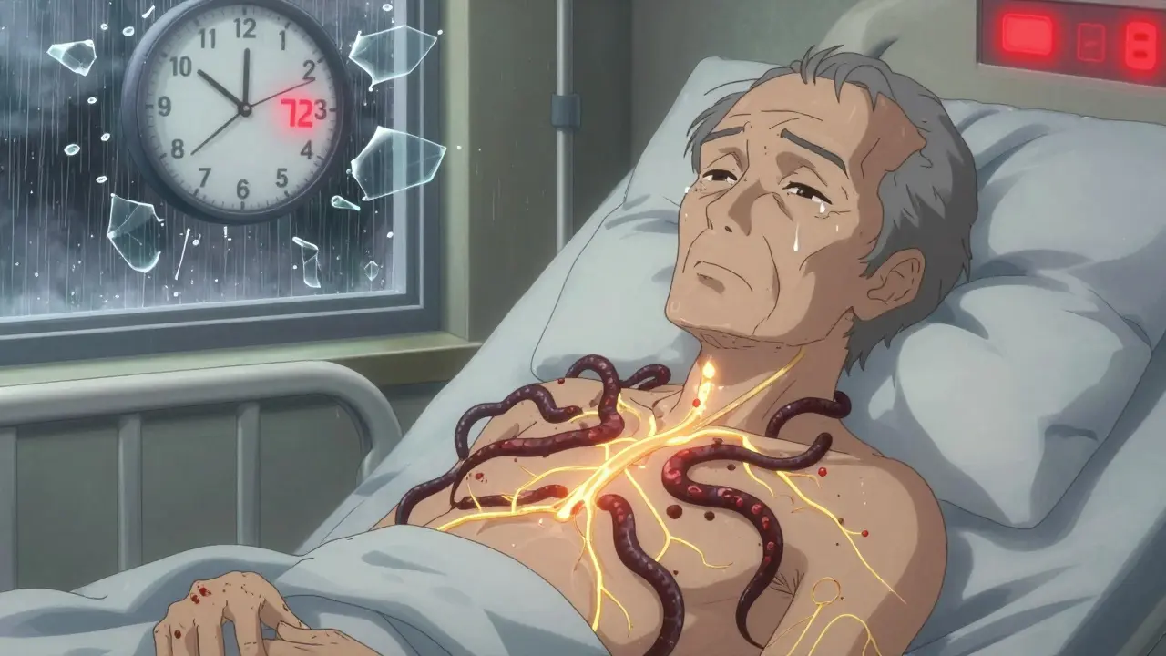 An elderly patient in bed with golden veins glowing as dark tendrils coil around their chest, clock ticking toward 72 hours.