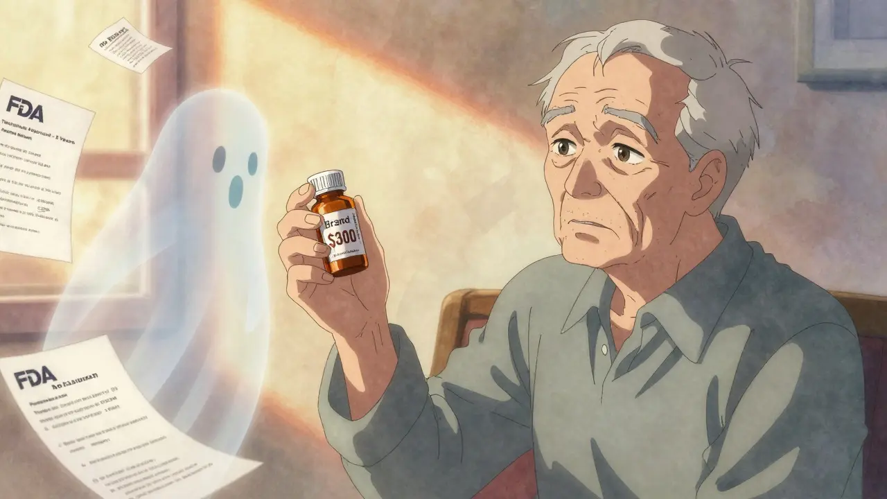 An elderly person reaching for an expensive brand drug while a faint generic pill fades beside them.