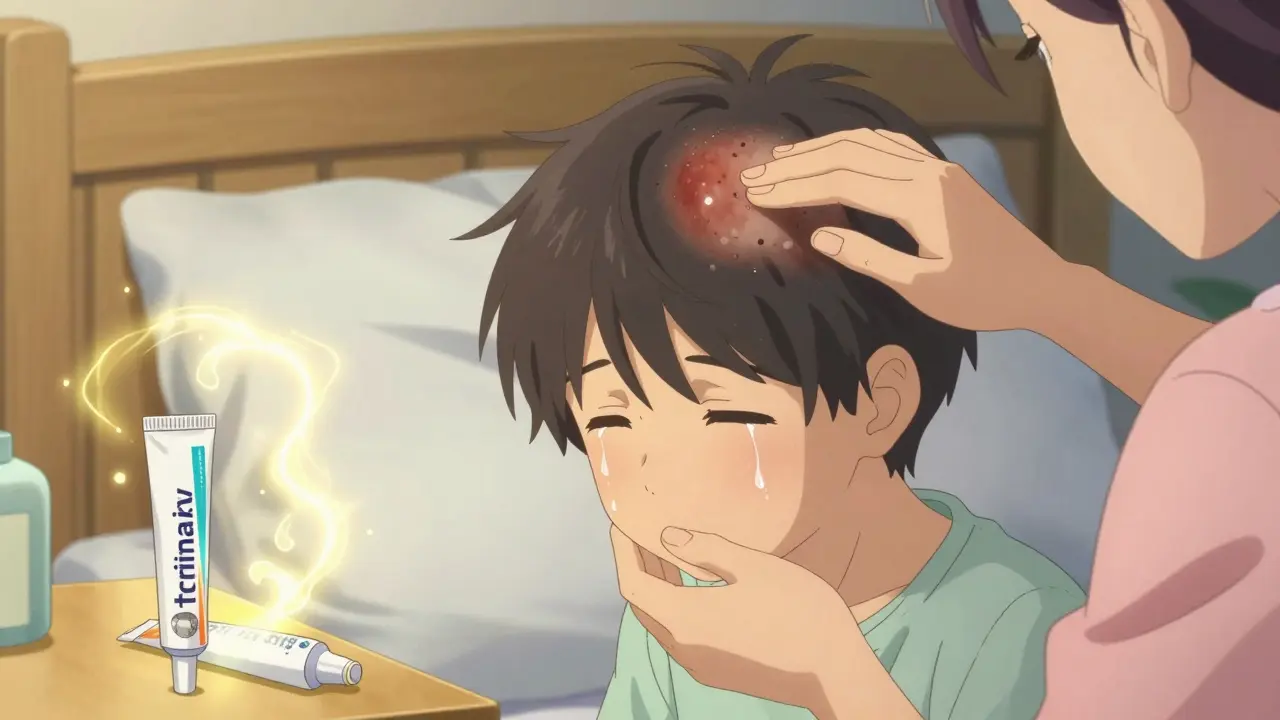 Boy with scalp ringworm receiving treatment from his mother, healing light glowing.