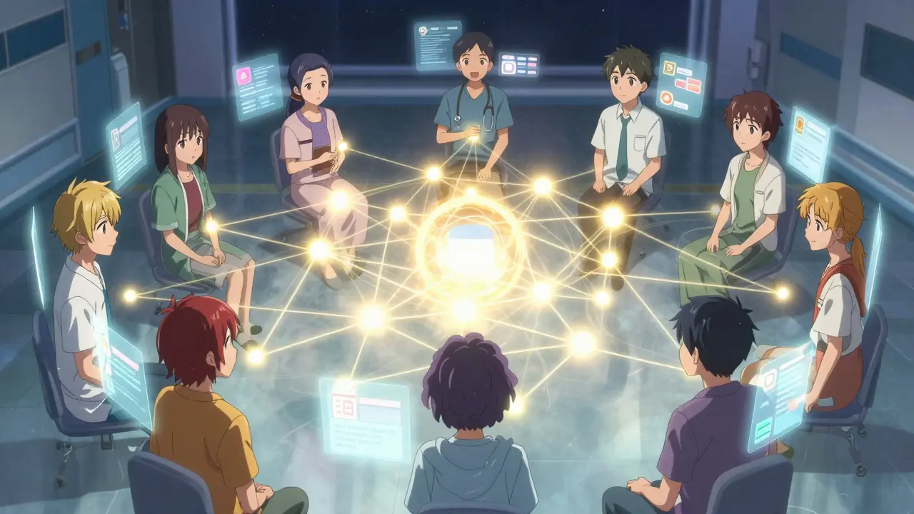 Diverse patients connected by glowing data threads in a virtual support circle, symbolizing community.