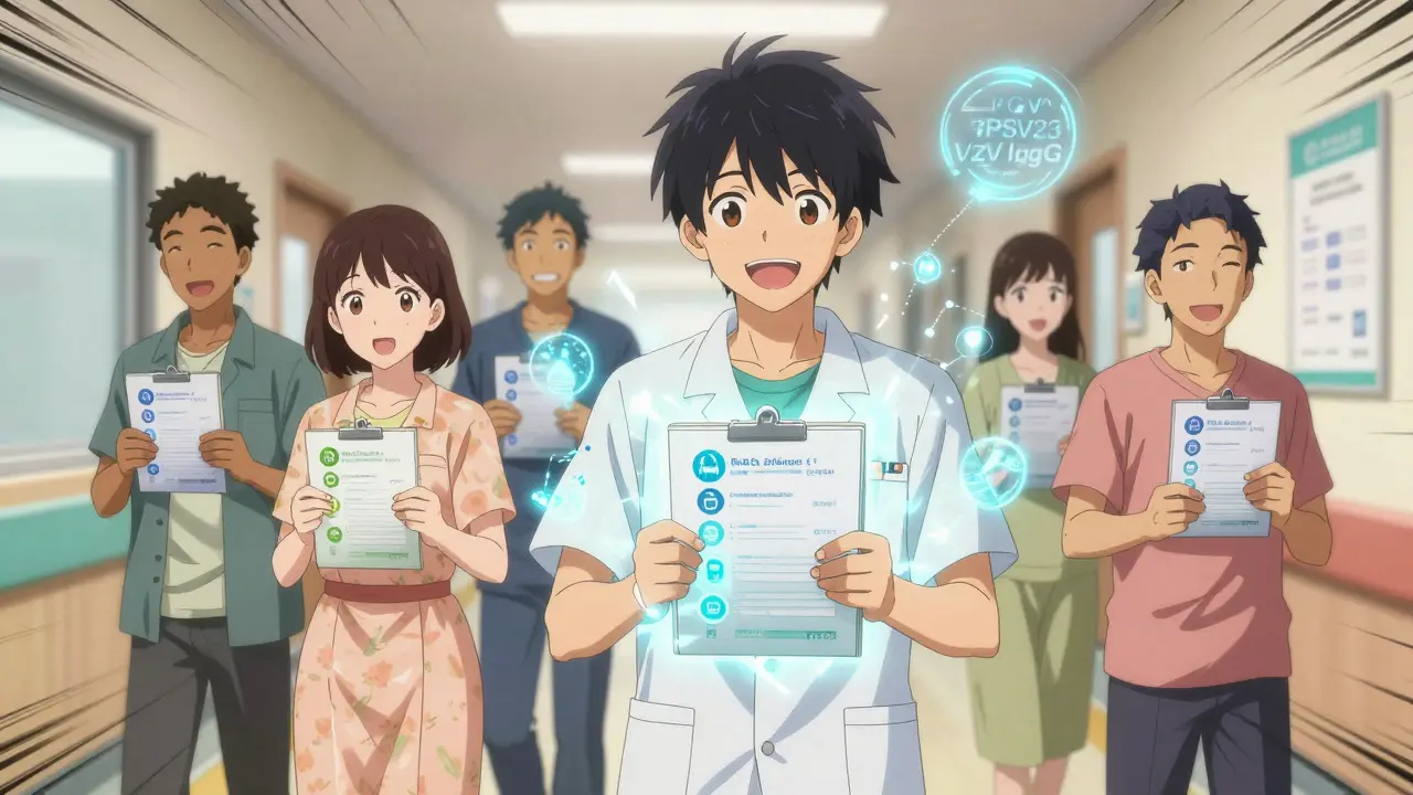 Diverse patients with glowing health logs and vaccine data streams, symbolizing infection prevention in a hospital hallway.