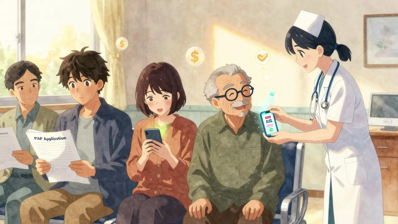 Diverse people in a clinic receiving free medication, one checking a discount app, others with paperwork.