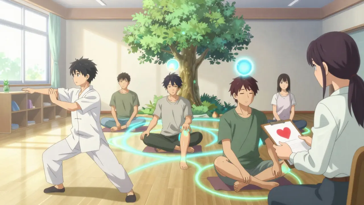 Diverse young adults practicing yoga, meditation, and therapy in a sunlit community center with wellness energy lines.