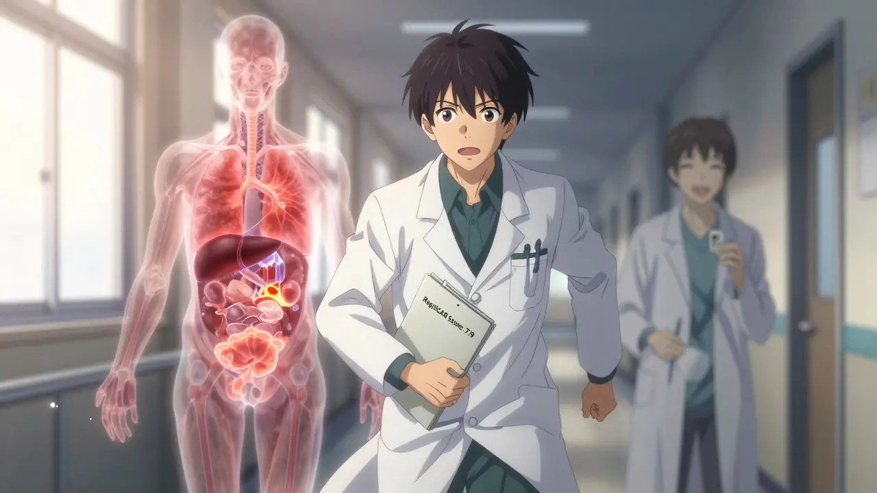 Doctor running with DRESS diagnosis file, translucent inflamed organs glowing behind him in hospital corridor.