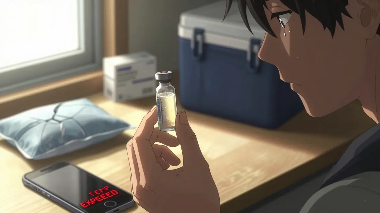 Hand holding a biologic vial as sunlight hits it, with a red temperature alert flashing on a phone.