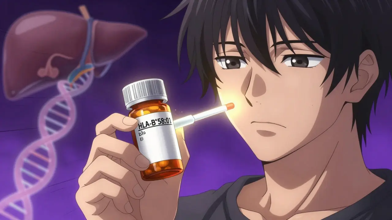 Hand holding allopurinol pill next to genetic test kit, with glowing DNA helix and organ silhouettes in background.