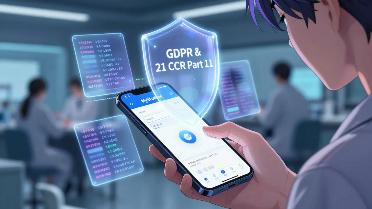 Hand pressing a safety registry app button, with encrypted data shields glowing protectively around it.