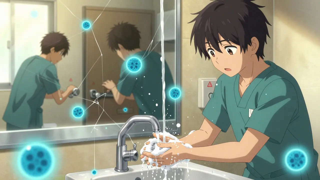 Healthcare worker washing hands as spores are repelled by soap suds, contaminated surfaces reflected in mirror.