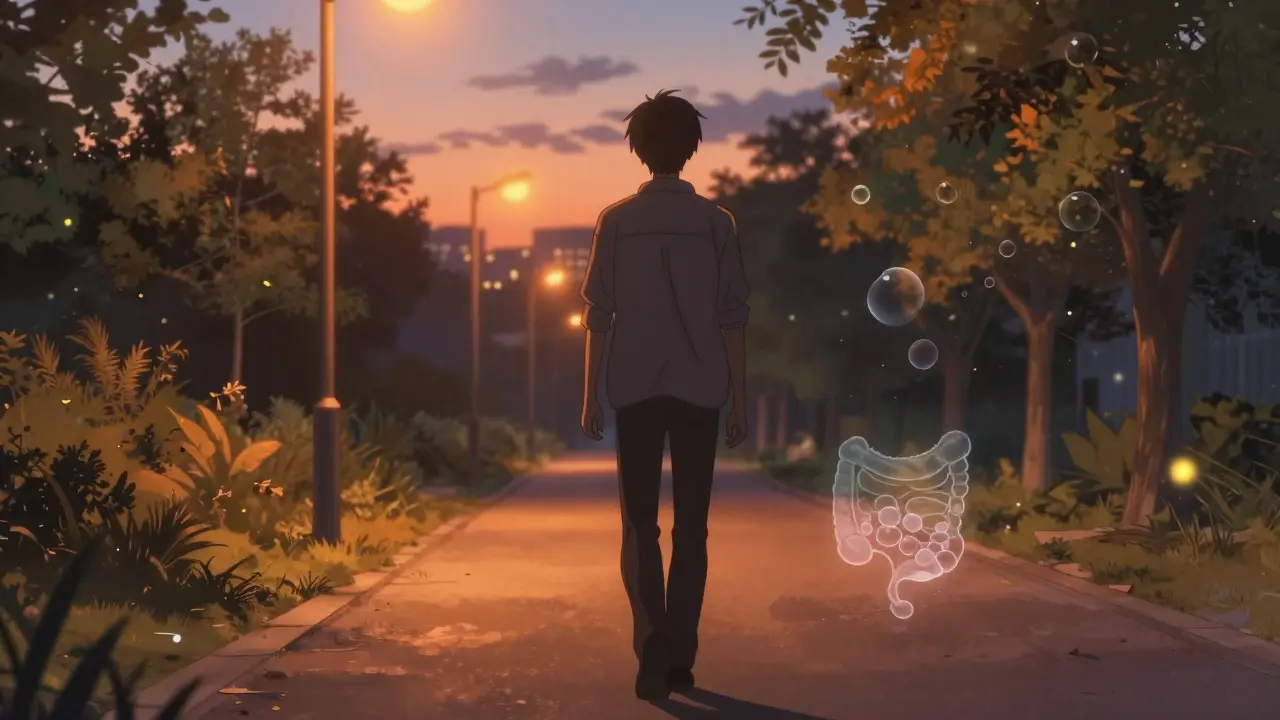 Man walking at dusk, gentle gas bubbles floating away, symbolizing relief from bloating.