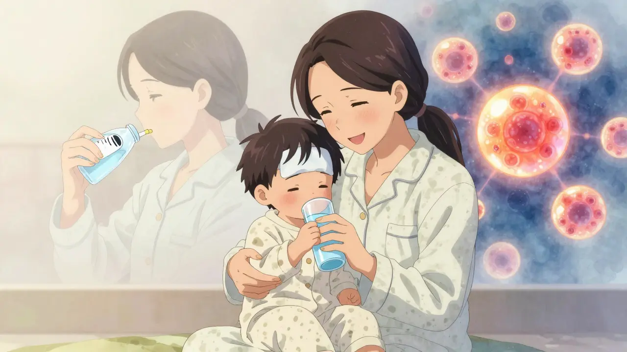 Mother comforting her febrile toddler with water, translucent timelines showing immune response with and without early medication.