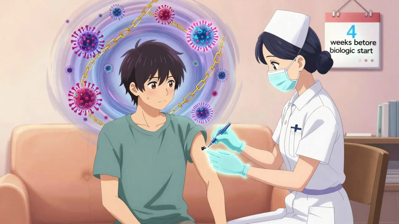 Patient receiving Shingrix vaccine as dormant viruses are sealed by golden chains, soft pastel lighting.