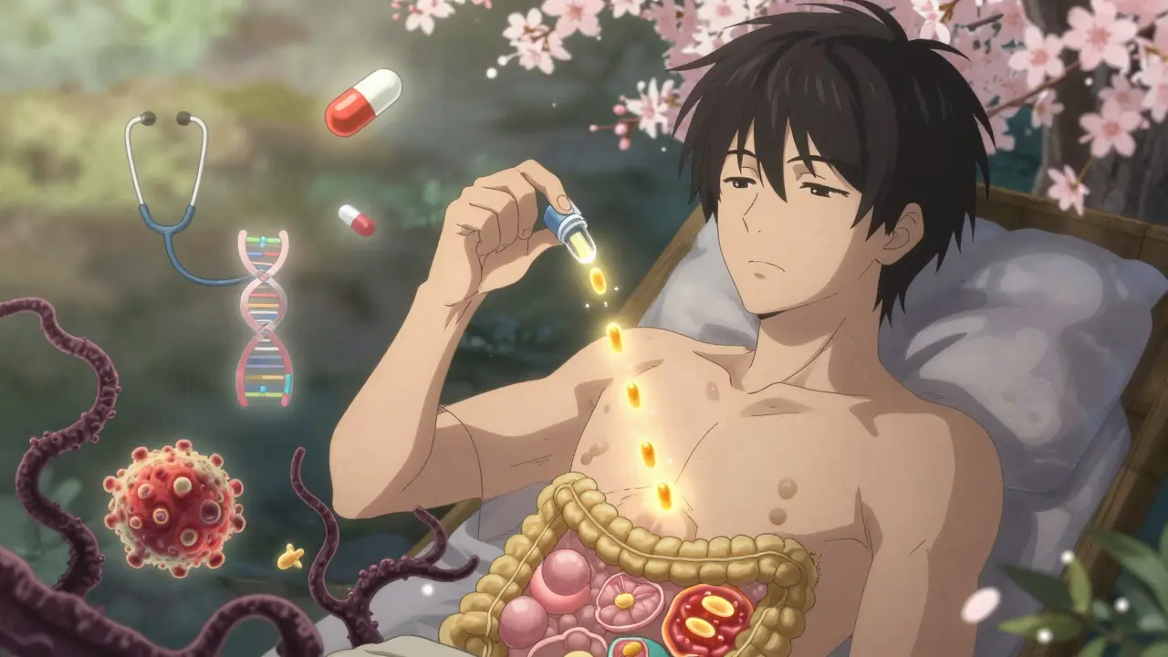 Patient swallowing capsule as healthy gut bacteria bloom like flowers, replacing harmful C. diff tendrils.