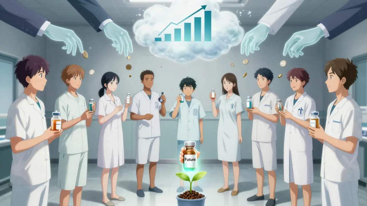 Patients holding empty medicine bottles as ghostly hands drop falling coins that turn to ash.