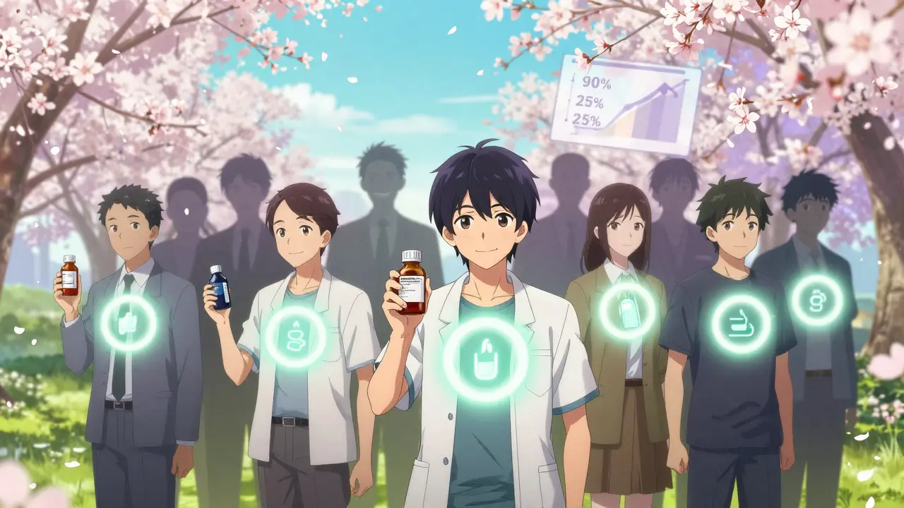 Patients in a park hold generic meds with glowing halos, corporate logos fading away as cherry blossoms drift in the background.