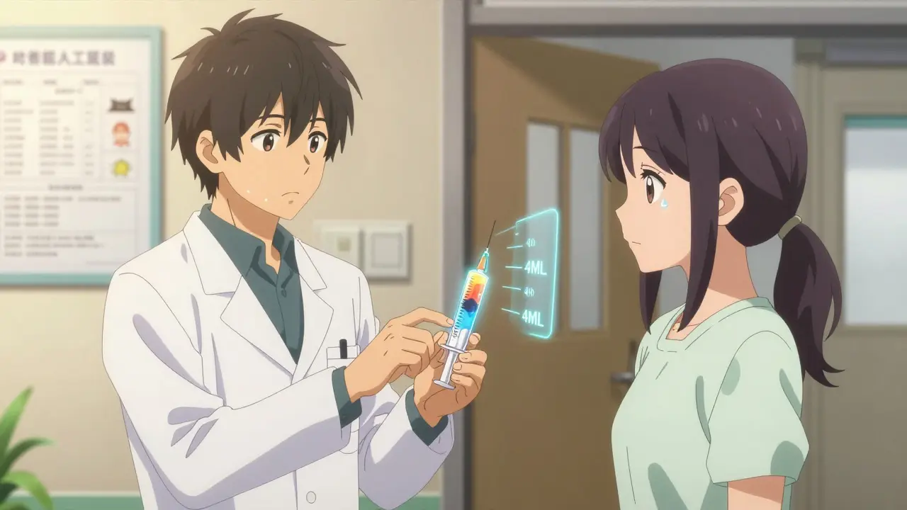 Pharmacist giving glow-in-the-dark mL syringe to mother in hospital hallway.