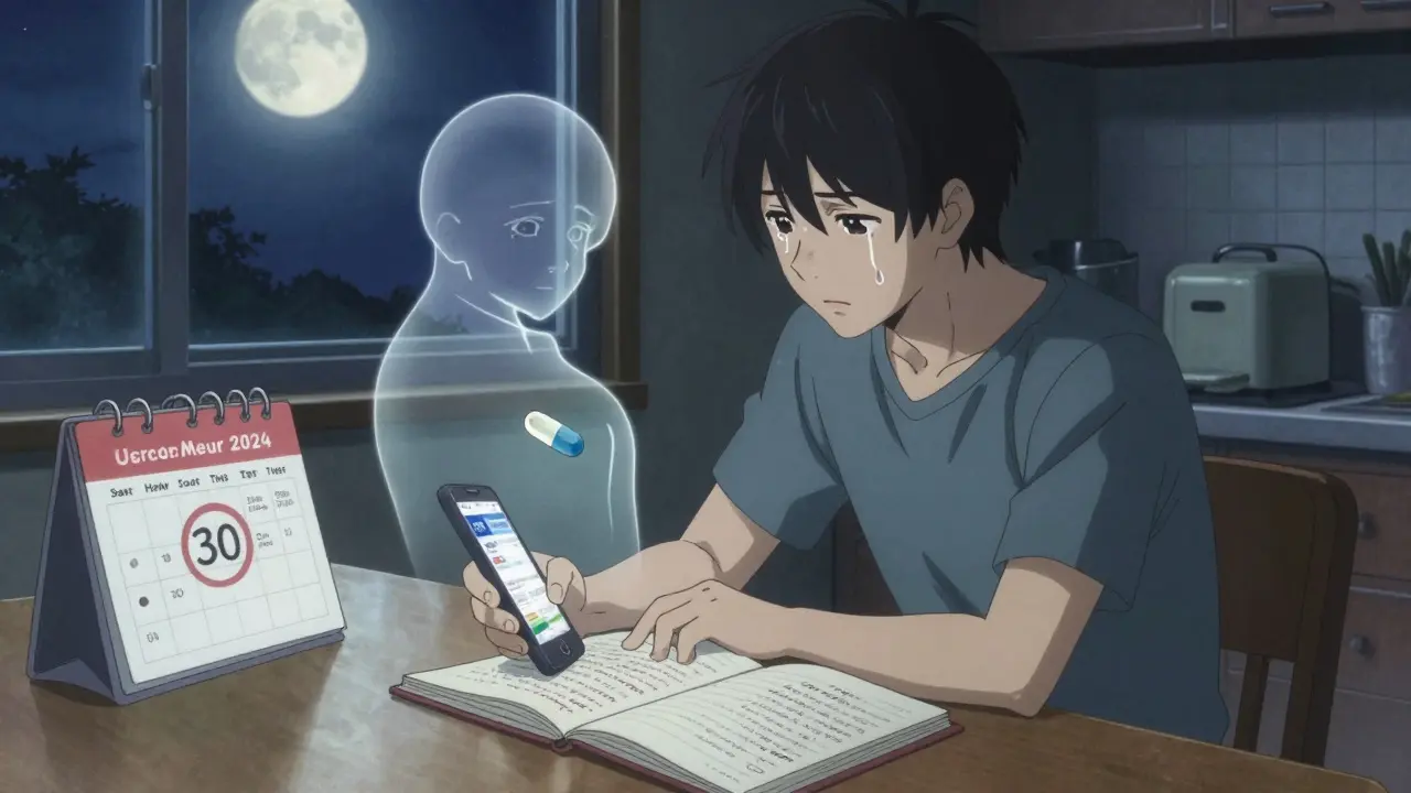 Someone journaling at night about medication changes, moonlight casting a ghostly image of their old pill beside them.