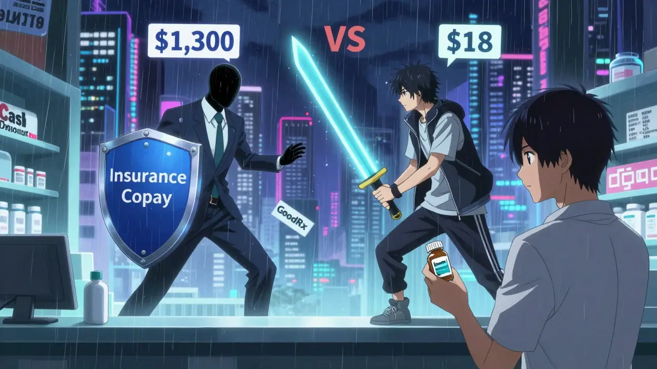 Spectral figures representing insurance and cash discount battling on a pharmacy counter under a neon city skyline.