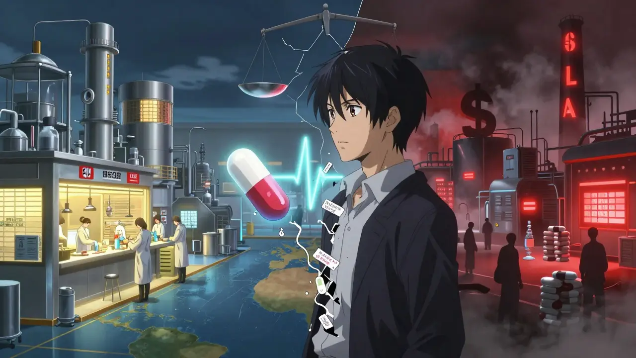 Split factory scene: clean U.S. plant vs. polluted foreign facility with a cracked pill between them.