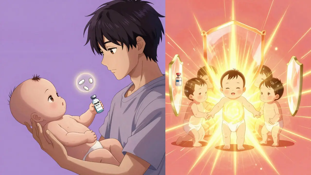 Split-panel illustration: one baby receiving MenB vaccine with paracetamol halo, others with glowing immune shields—no medicine.