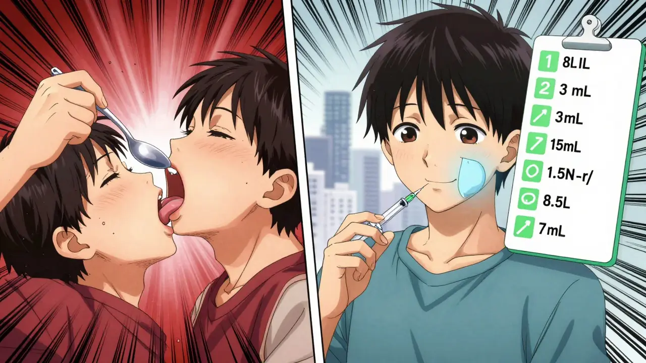 Split scene: child choking on kitchen spoon vs. safely receiving medicine with syringe.