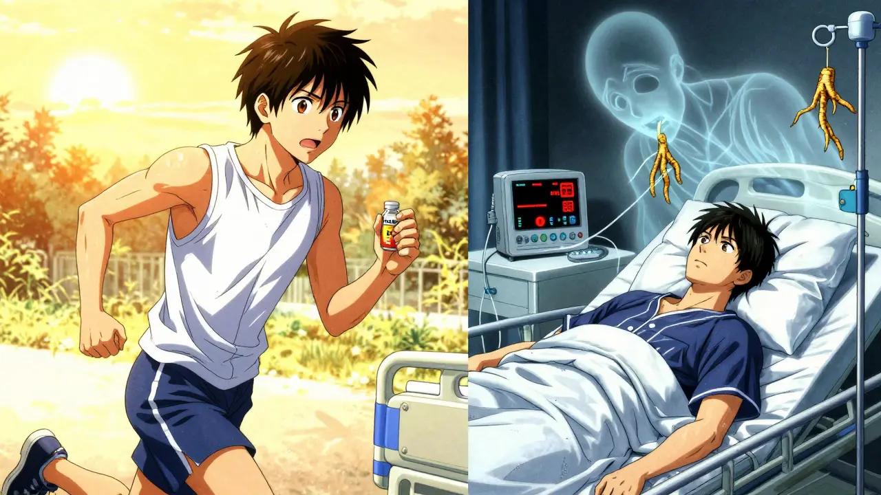Split scene: healthy person with safe supplements vs. same person collapsed in hospital, with goldenseal as a looming curse.