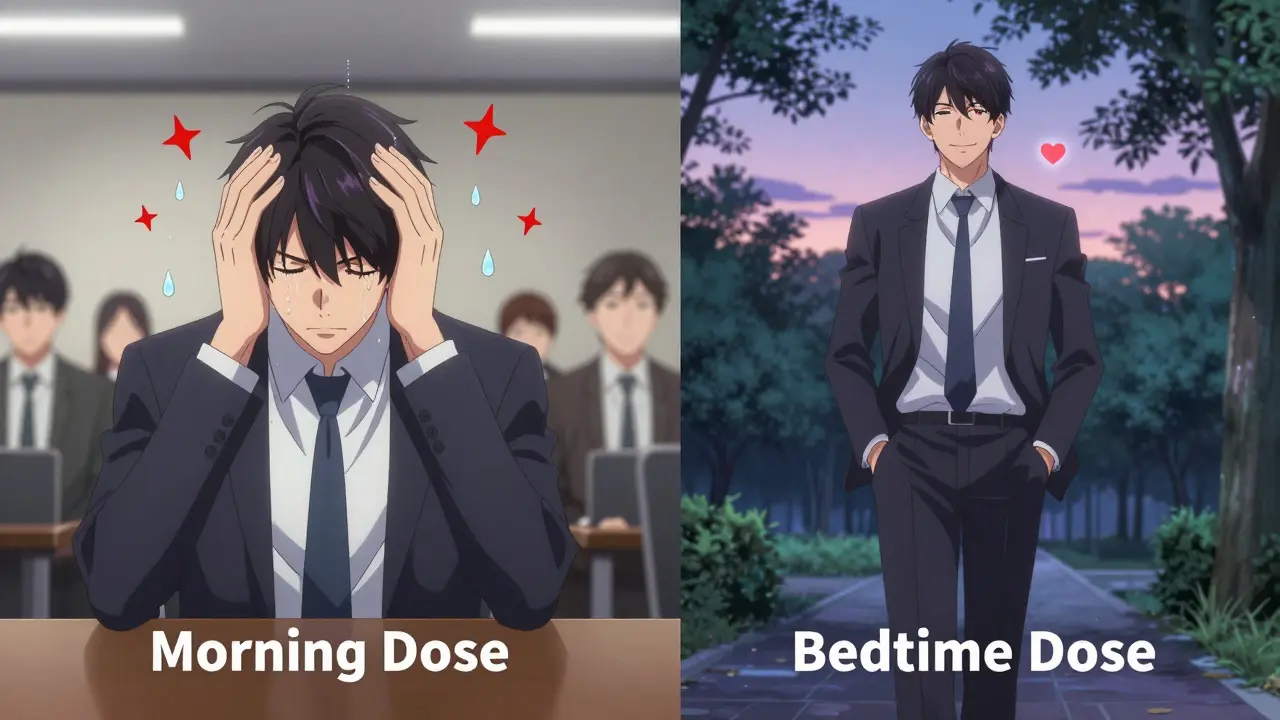 Split scene: man suffering from dizziness at work vs. calm and relaxed during evening walk.