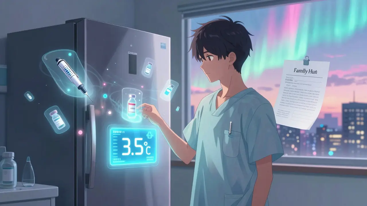 Teenager beside a smart fridge with glowing medication zone, floating icons of meds around them.