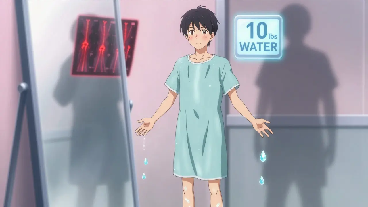 Teenager with swollen 'moon face' seeing water droplets rise from his body, standing before a mirror with a bone scan in the background.