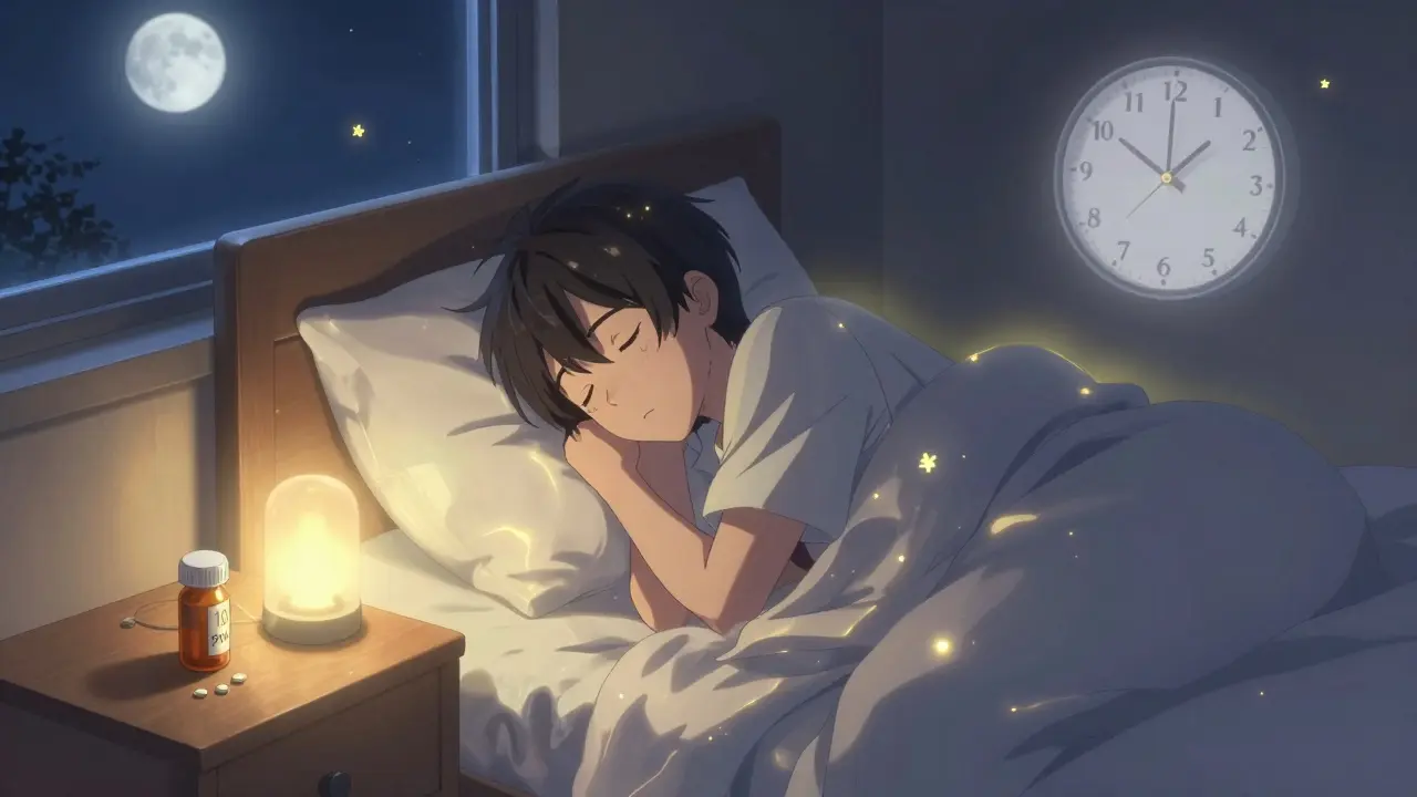 The same man peacefully sleeping at night with a pill bottle on his bedside table under soft moonlight.