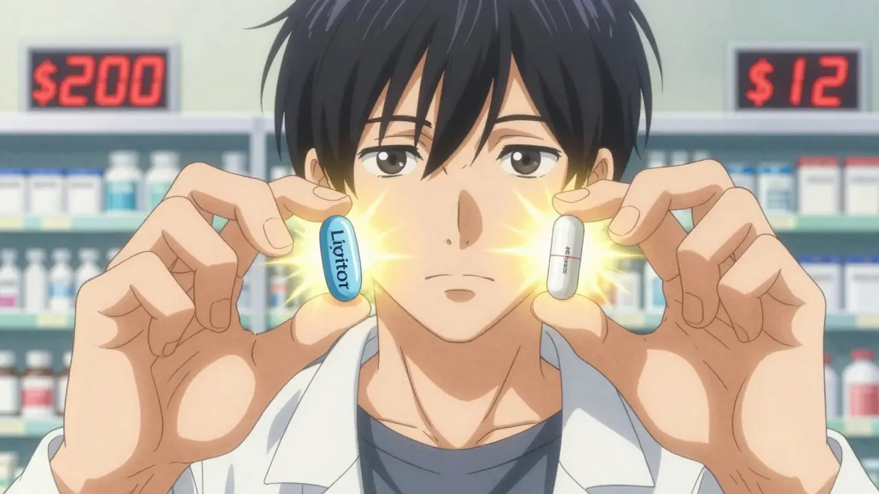 Two identical pills glow with equal energy, one branded and one generic, with price tags showing dramatic cost difference.