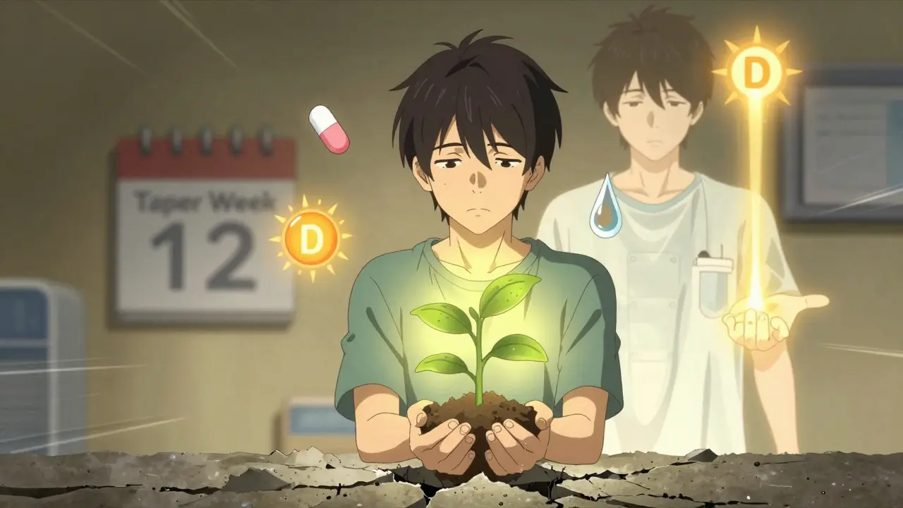 Young adult nurturing a plant through concrete, surrounded by symbols of health — calcium, vitamin D, and walking shoe — as past self fades away.