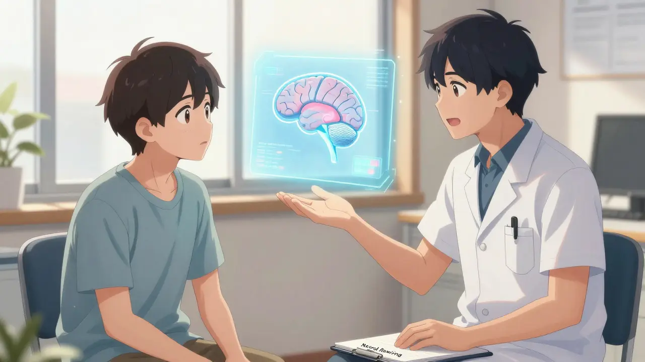 A certified audiologist guides a patient through tinnitus counseling with a glowing brain diagram between them.