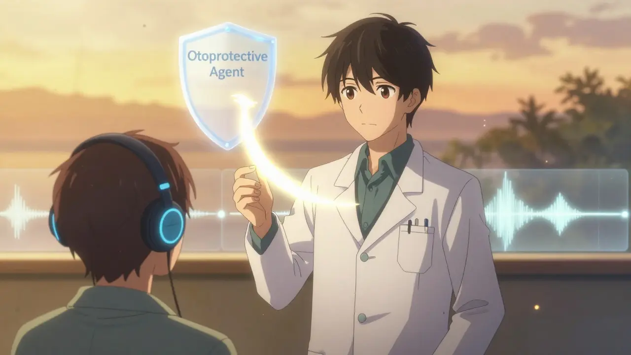 A doctor holding a rising audiogram with white noise waves, symbolizing healing from medication-induced tinnitus.