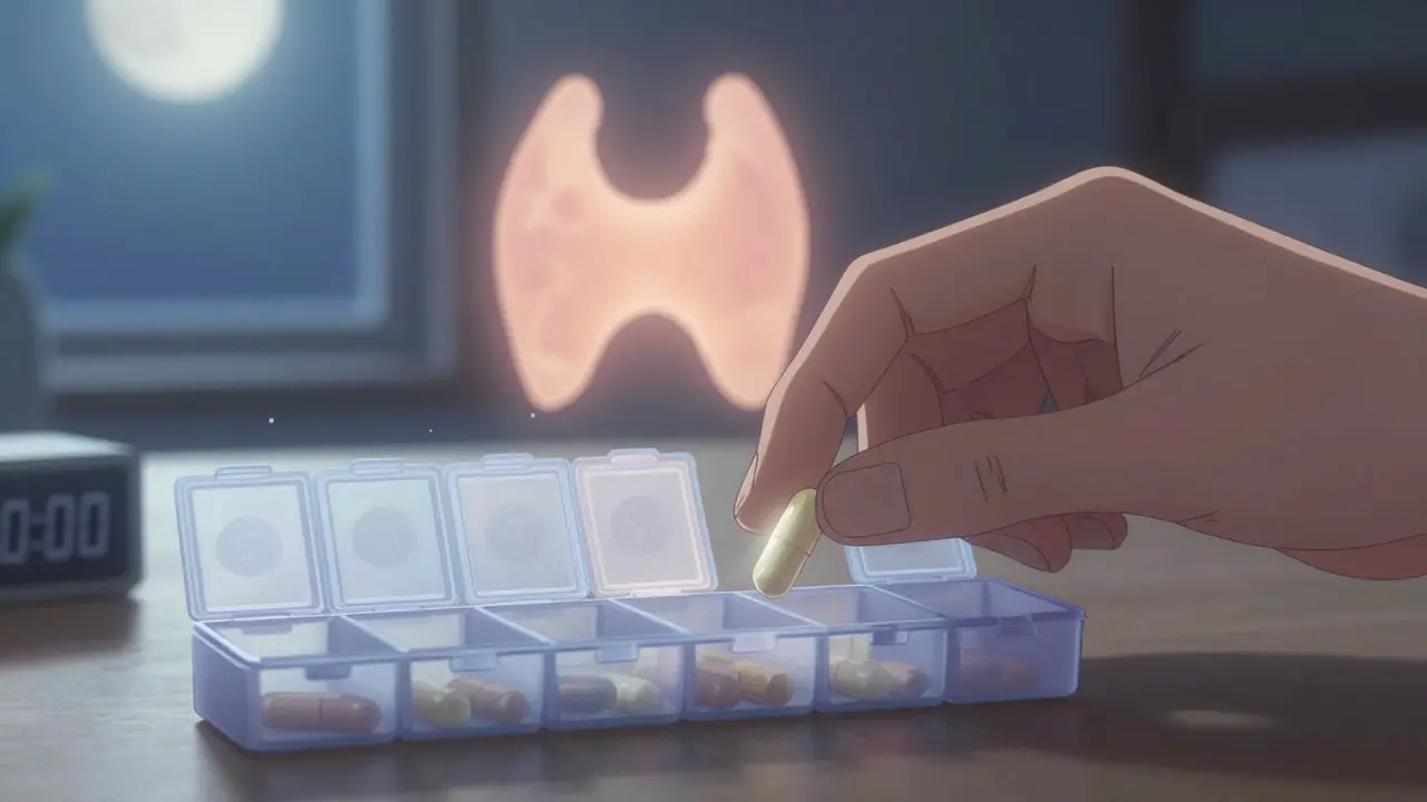 A hand places an iron supplement into a nighttime pill organizer under moonlight, with a glowing thyroid symbol in the background.