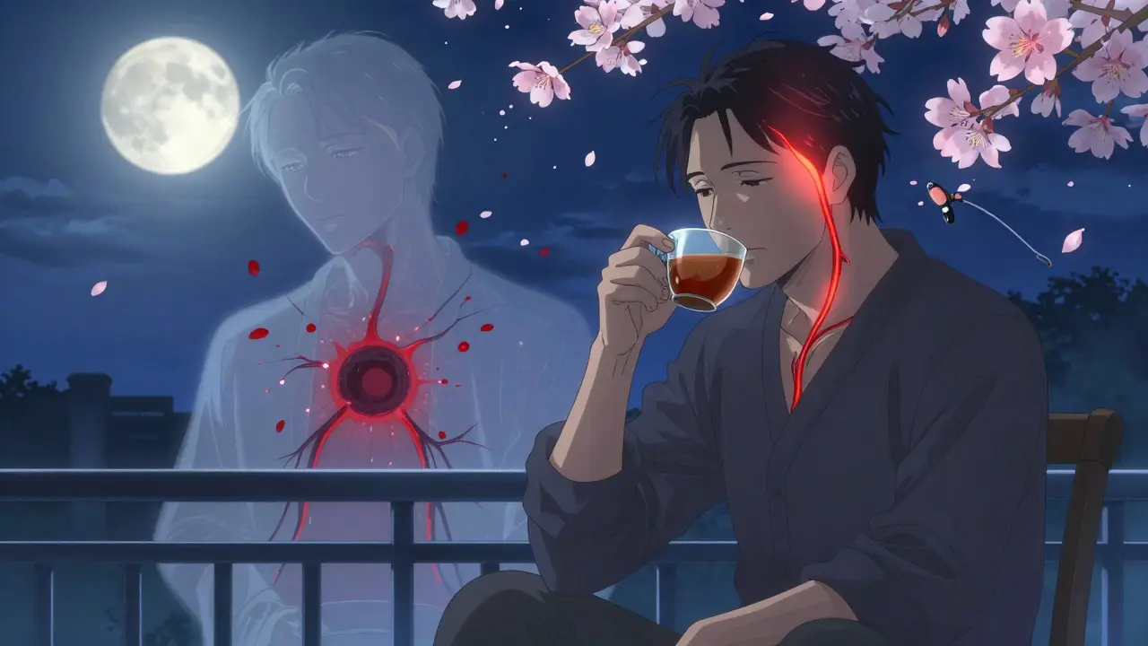 A man sits peacefully on a balcony as a healed blood vessel glows, while a ghostly ruptured version fades behind him in a shower of crimson petals.