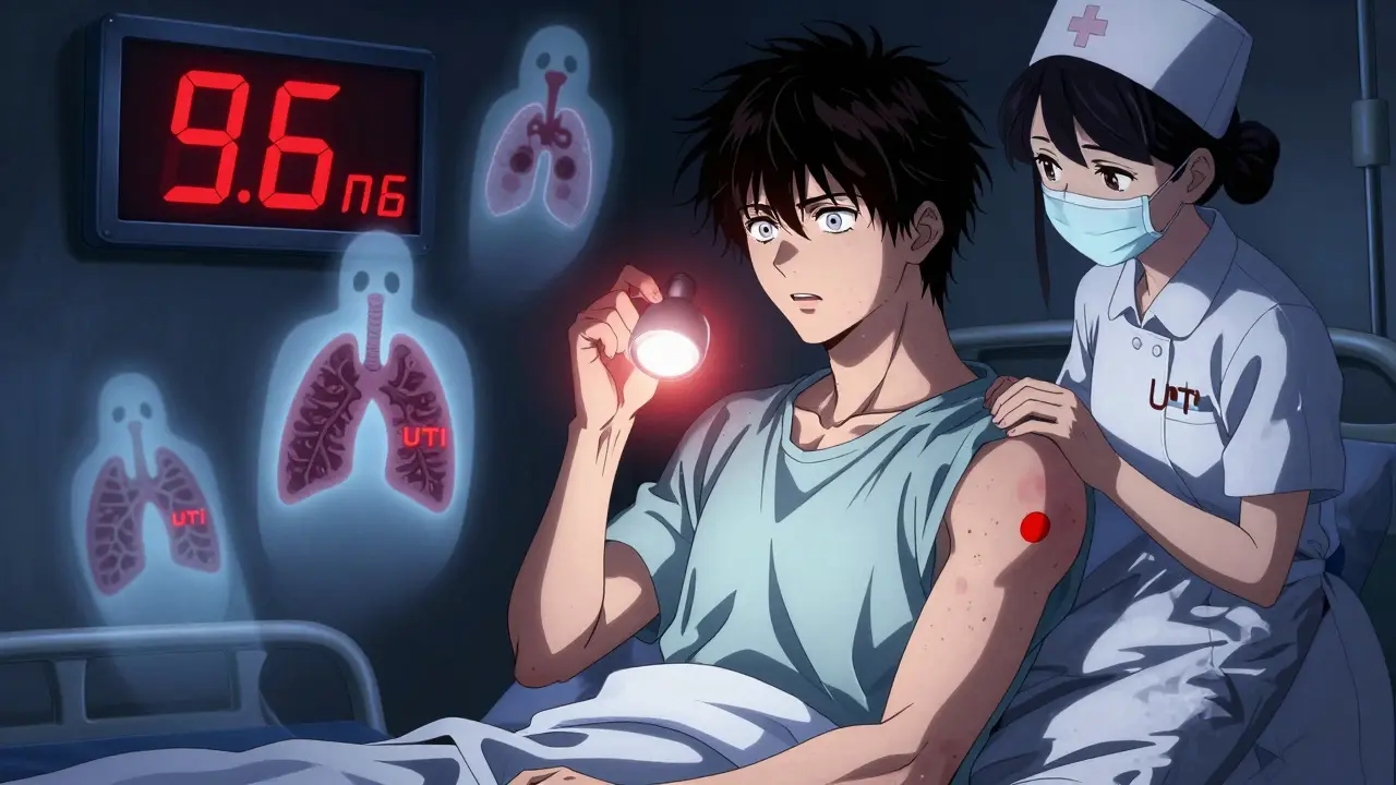 A man with a petechial rash sits on a hospital bed as time and infection symbols loom around him.