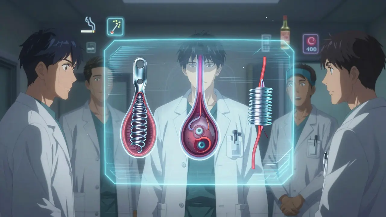 A medical team examines a holographic brain artery with three treatment options: clip, coils, and flow diverter, under cool ambient lighting.