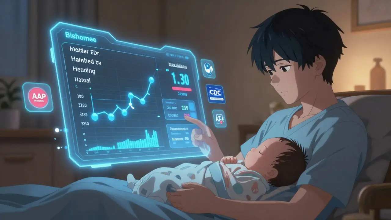 A mother views a floating medical app displaying drug safety data while breastfeeding, illuminated by soft neon lights.