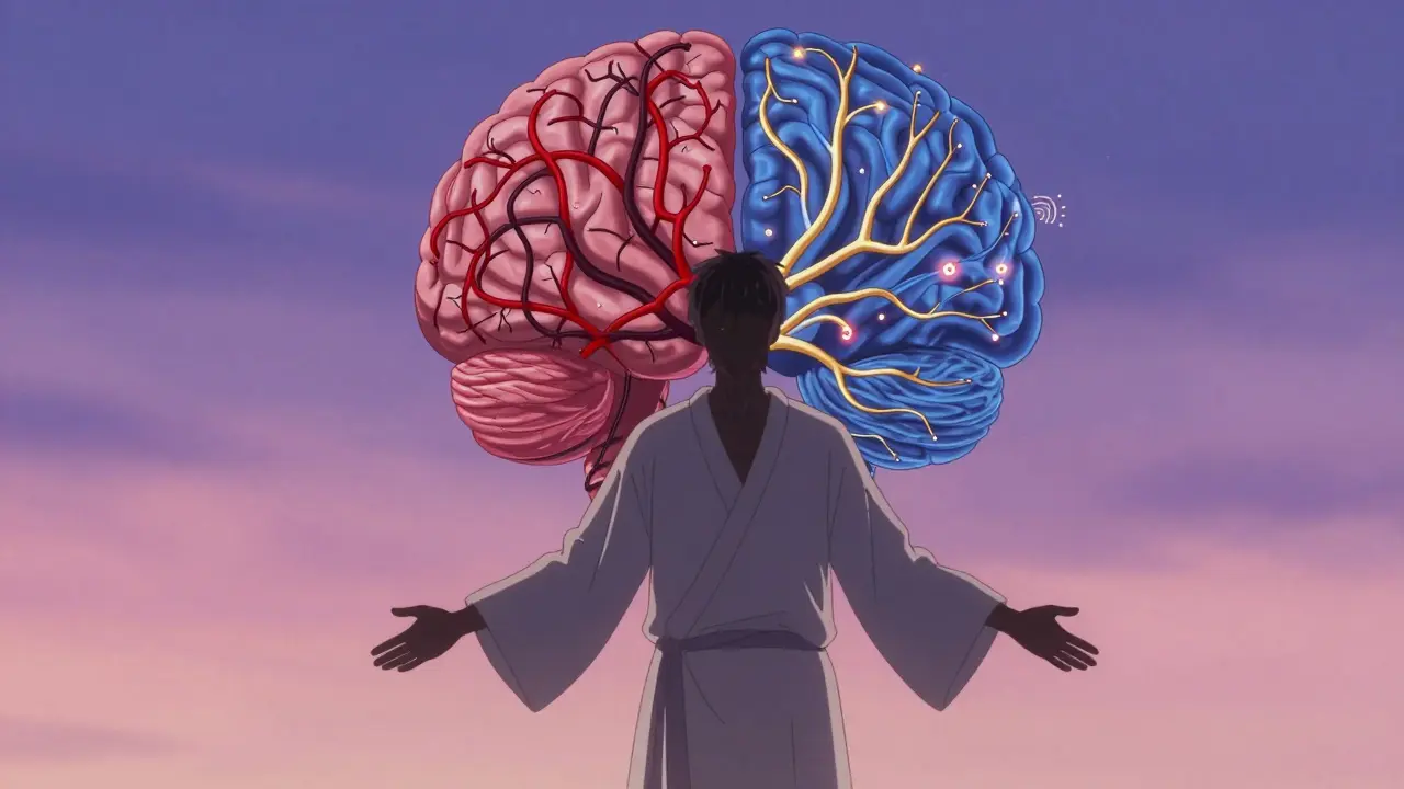 A symbolic brain illustration showing tangled distress pathways transforming into calm neural flows.
