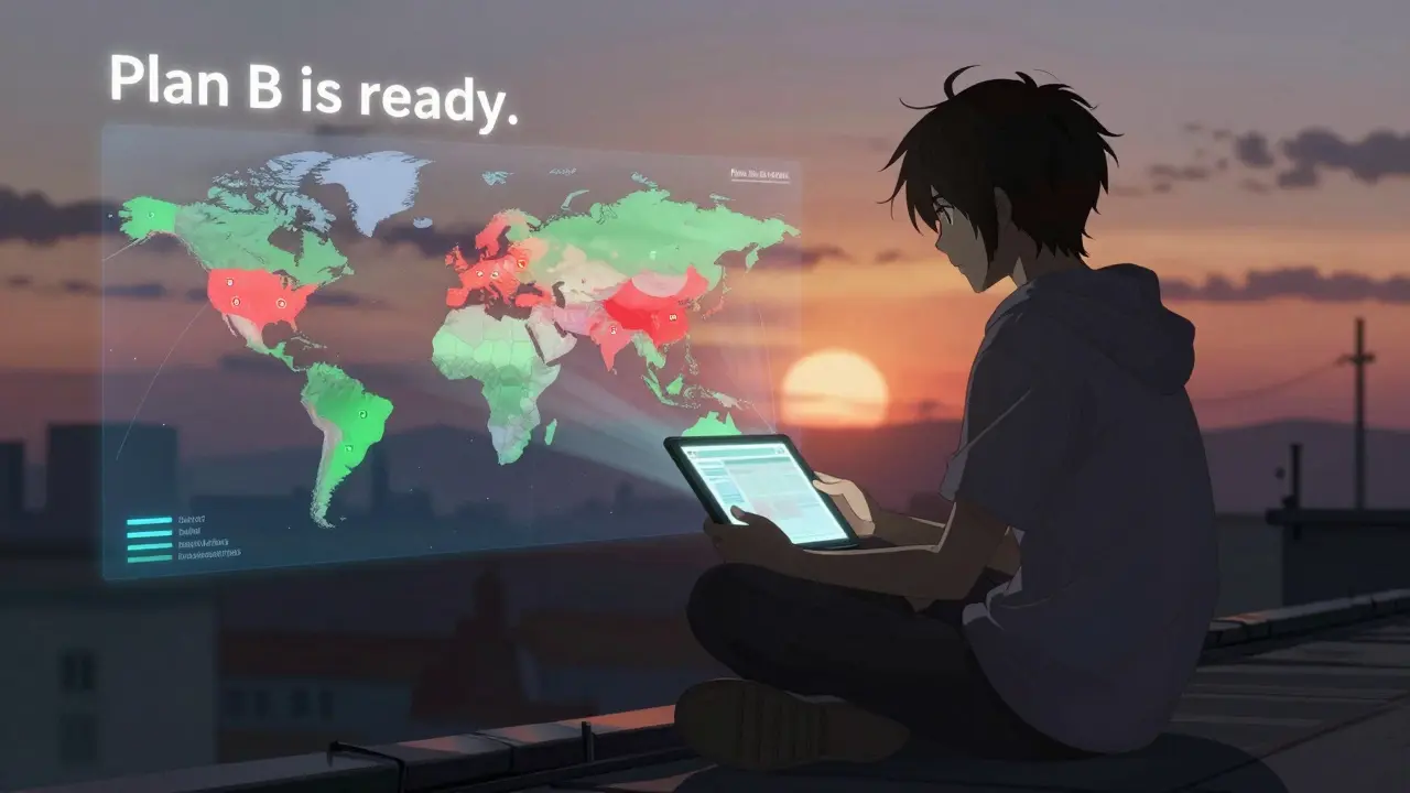 A teen on a rooftop watching an AI forecast map showing global drug supply resilience.